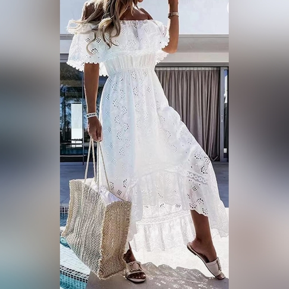 NEW Boho White Off The Shoulder Lacy Maxi Dress Women's Size S 100% Cotton - Picture 1 of 5